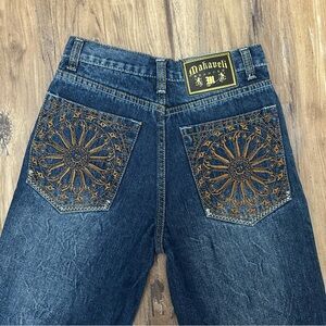 VTG Y2K 90s Baggy Dark Stone Wash Makaveli Blue Jeans w/ Gold Embroidery Pockets